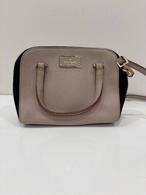 kate spade taupe and black  mini satchel with gold plaque hardware